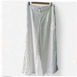 FLAX Women’s White Linen Wide Leg Pants S Elastic Lagenlook Coastal Minimal
